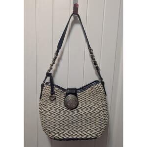 Brighton Natural Wicker Woven Purse Handbag Tote Beige Navy Blue